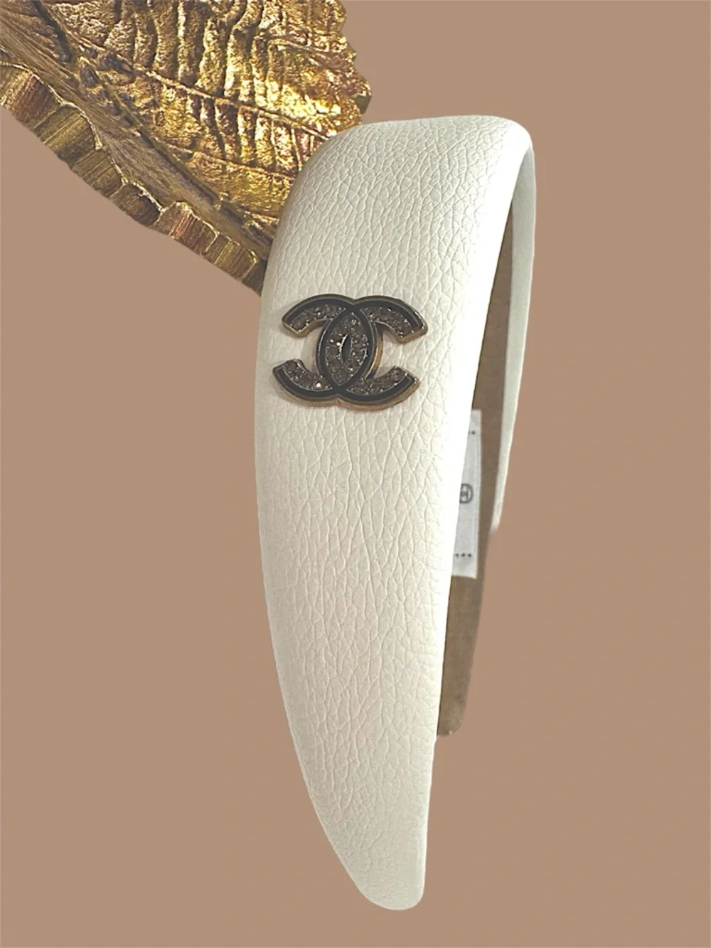 CHANNNEL White Padded Headband with Gold CC Crystal Logo